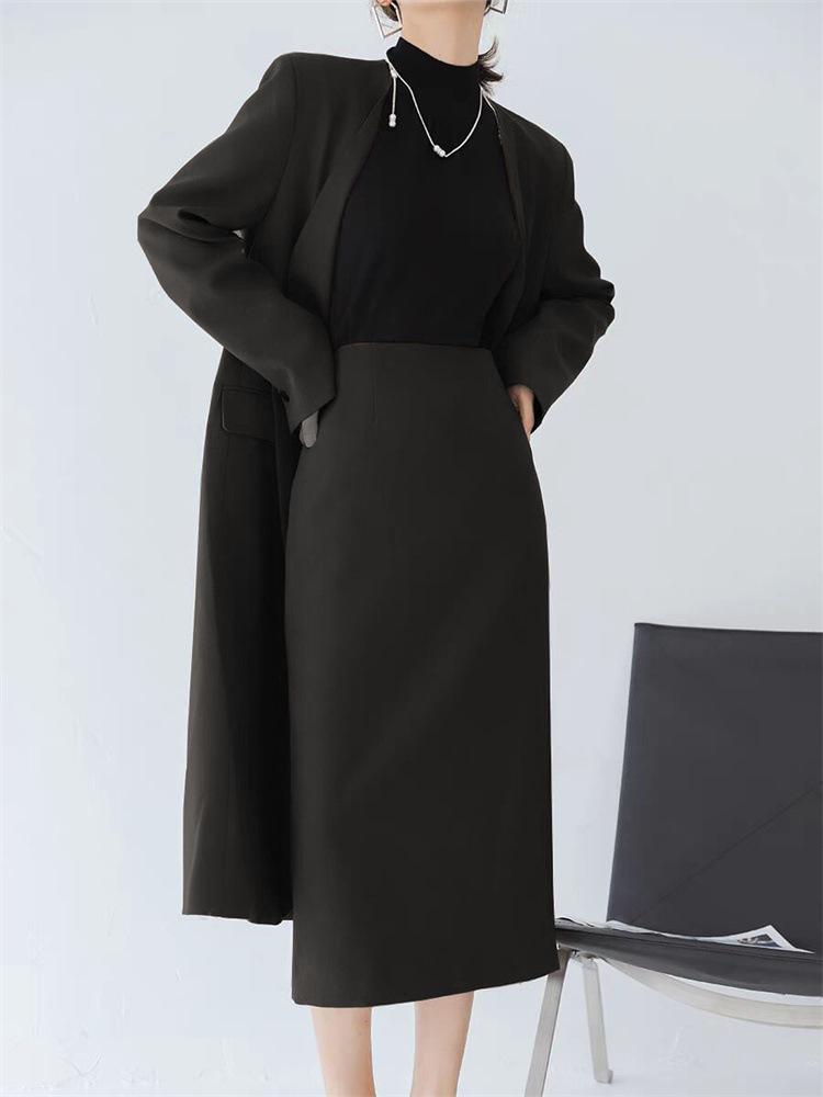 Women's Mid-Length Coffee-Colored A-Line High-Waisted Slit Skirt