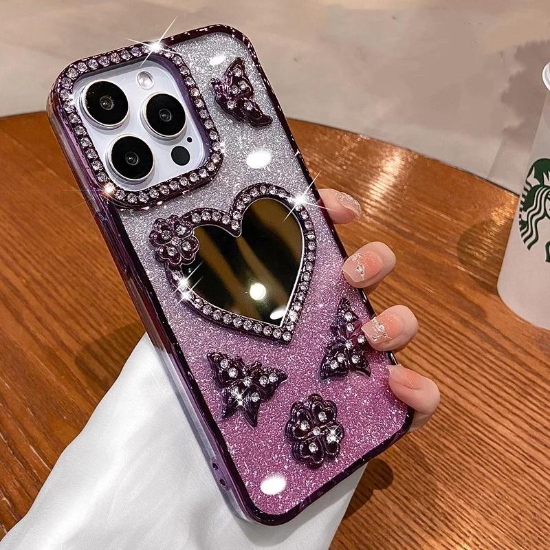 Heart Make Up Mirror Case For iPhone 16 Pro Max 15 Plus Plating Butterfly Cover For iPhone 14 Pro 13 12 11 Glitter Diamond Case