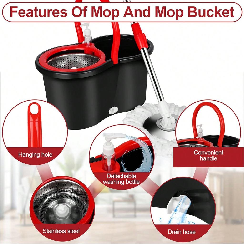 Spin Mop And Bucket With Wringer Set With 3 Microfiber Mop Replacement Heads And 61" Stainless Steel Adjustable Handle For Floor