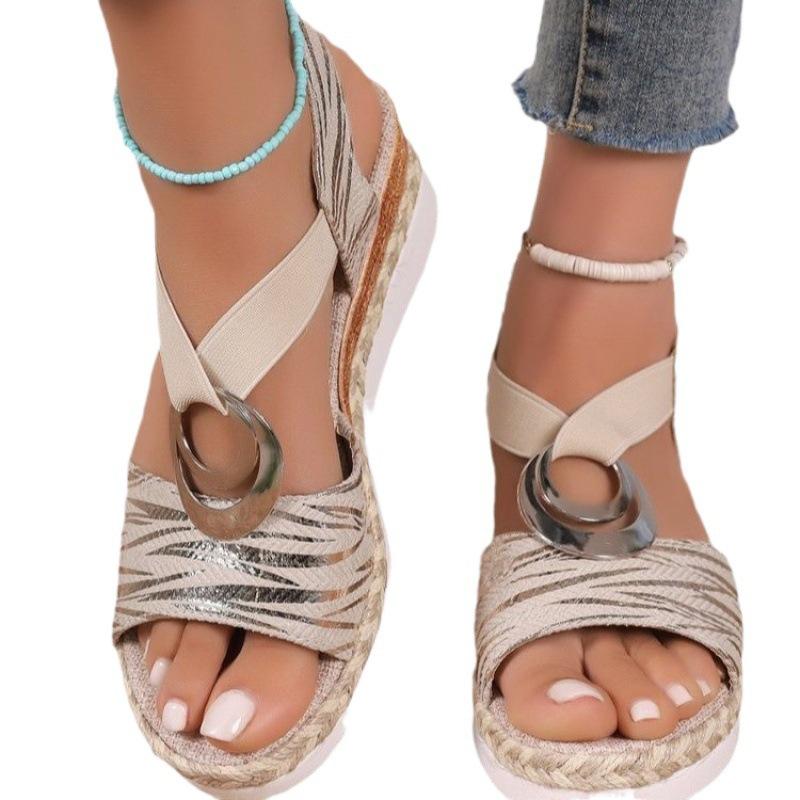 Sandale Romanești de Vară Noi pentru Femei, Sandale pentru Femei cu Toc înclinat Decorativ cu Cataramă Metalică Gură de Pește Mare