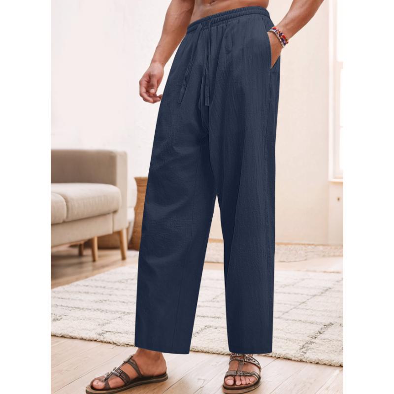 Męskie lniane spodnie Lekkie ze sznurkiem Elastyczna talia Luźny krój Proste nogawki Spodnie z kieszeniami Oddychające Plażowe do jogi do pracy Lniane spodnie dla mężczyzn