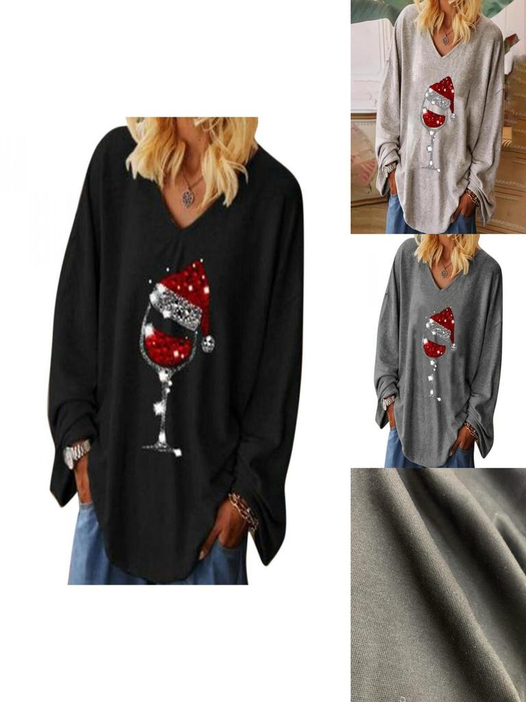 Trendige Damen Weihnachten Weinglas V-Ausschnitt Langarm Pullover Bluse Tops