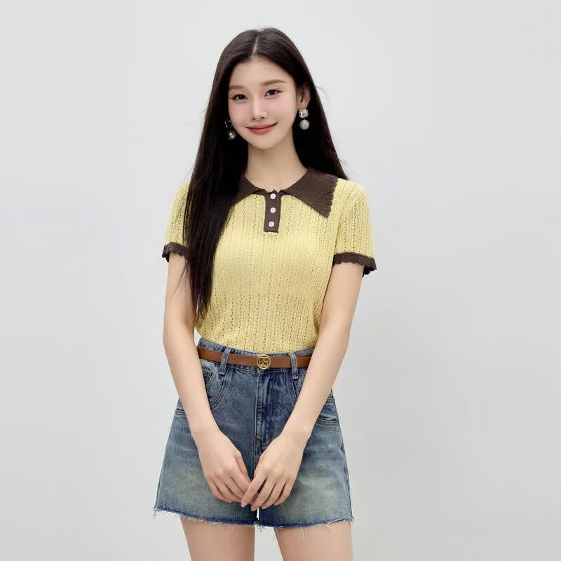 Qiu Shui Yi Ren Women's Contrast Lapel Knit Short Sleeve Top