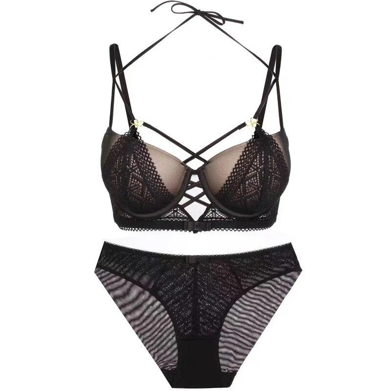 Set reggiseno push-up sexy cavo Set classico con fasciatura regolabile con cinturino alla caviglia Set intimo donna moda reggiseno in pizzo nero tentazione