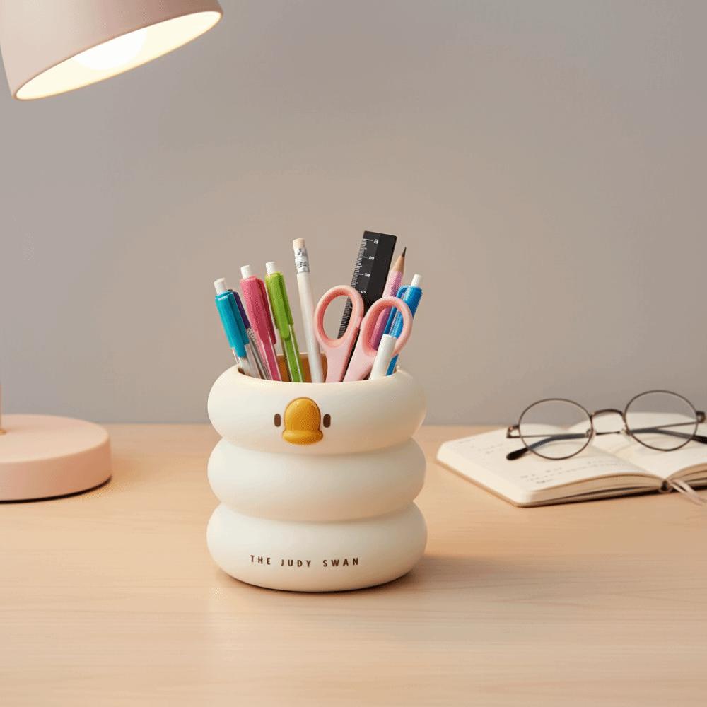 Cartoon Design Duck-Shaped Desk Organizer Ice Cream Theme Storage Bucket Student Use