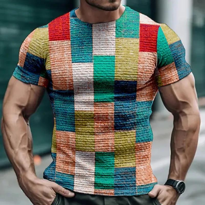 Fashion Simple Striped Plaid Summer Men's Short Sleeve T-shirt Street Trend O Collar Loose Casual Tops Tees Size XXS-6XL
