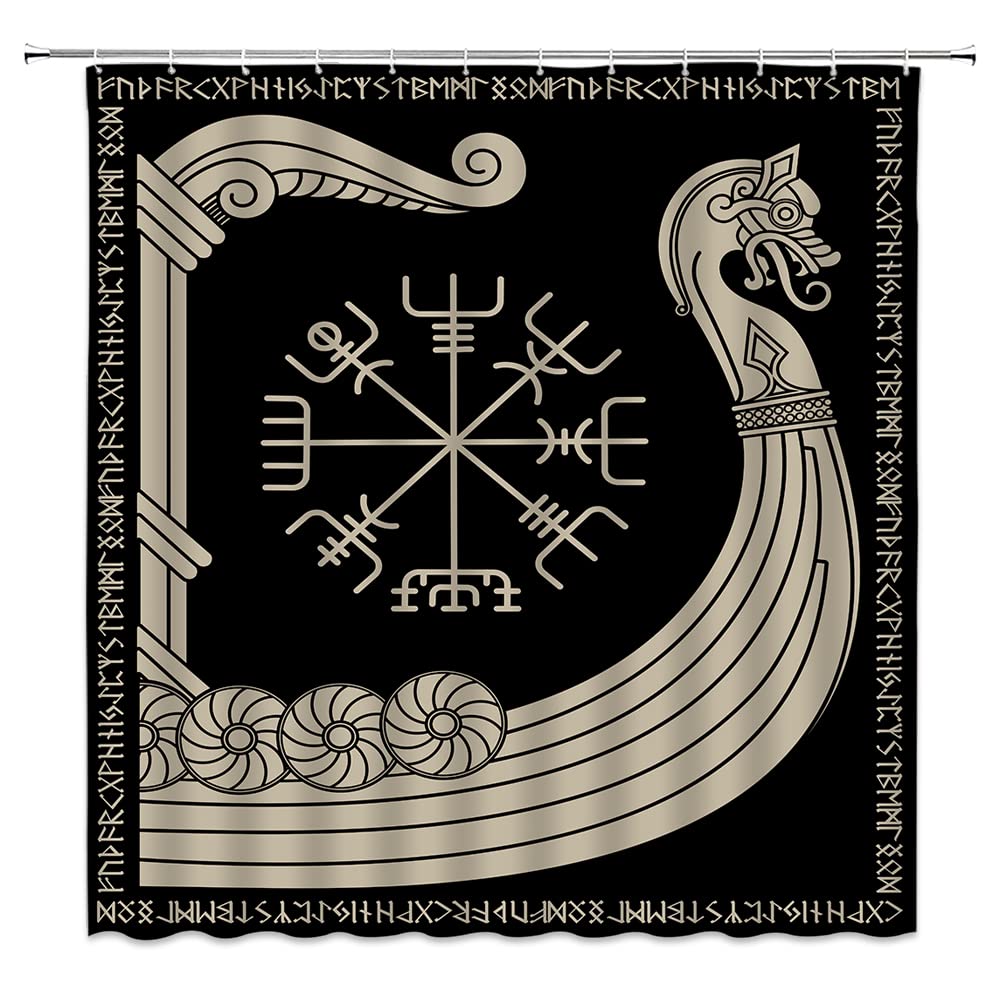 Wikinger-Duschvorhang, Vintage-Kriegsschiff der Wikinger, Drakkar, alte skandinavische und nordische Runen, Badezimmer-Dekor-Set, Accessoires