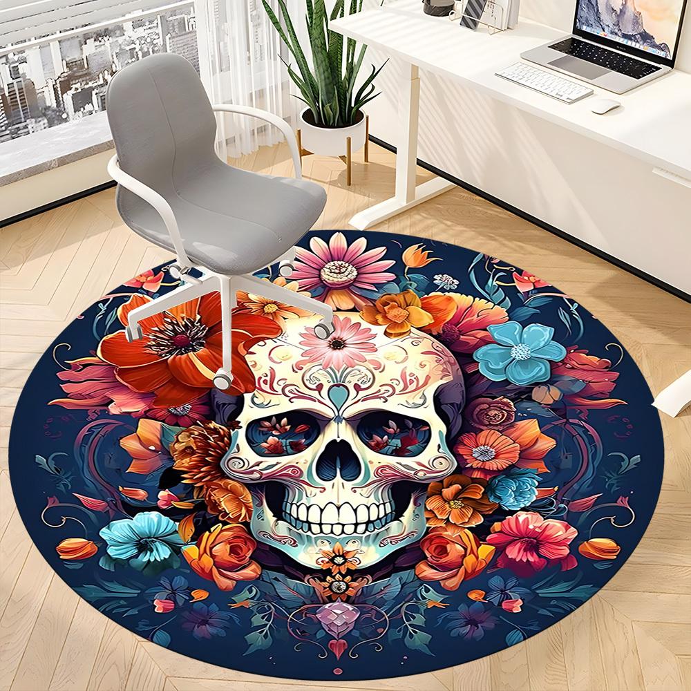 1pc Sugar Skull Flowers Office Round Area Rug, Under Office Chairs Bedroom Living Room Home Decor, Room Deco, Available in Various Sizes