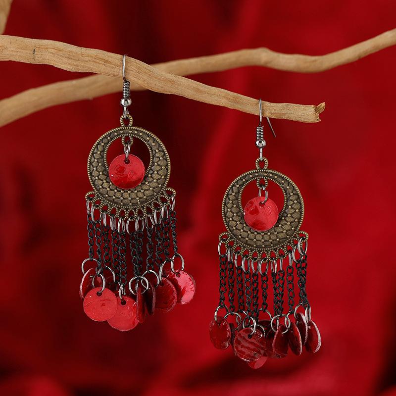Wind bohemian shell earrings retro ethnic style long fringed earrings seaside vacation style earrings women