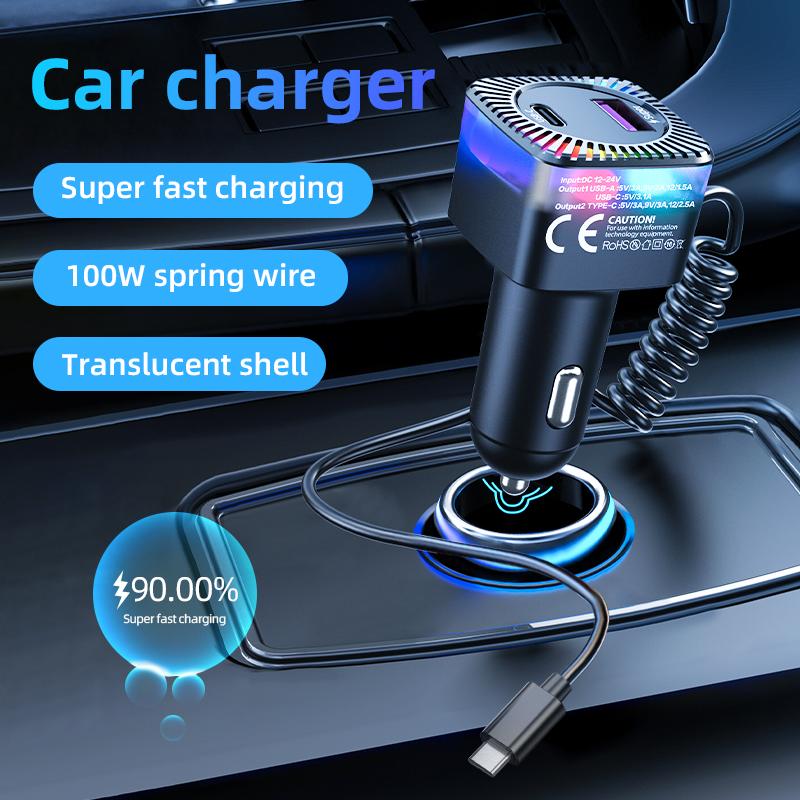 K14 USB + Type-C PD 30W Phone Fast Charging Adapter Car Charger with Spring Type-C Cable