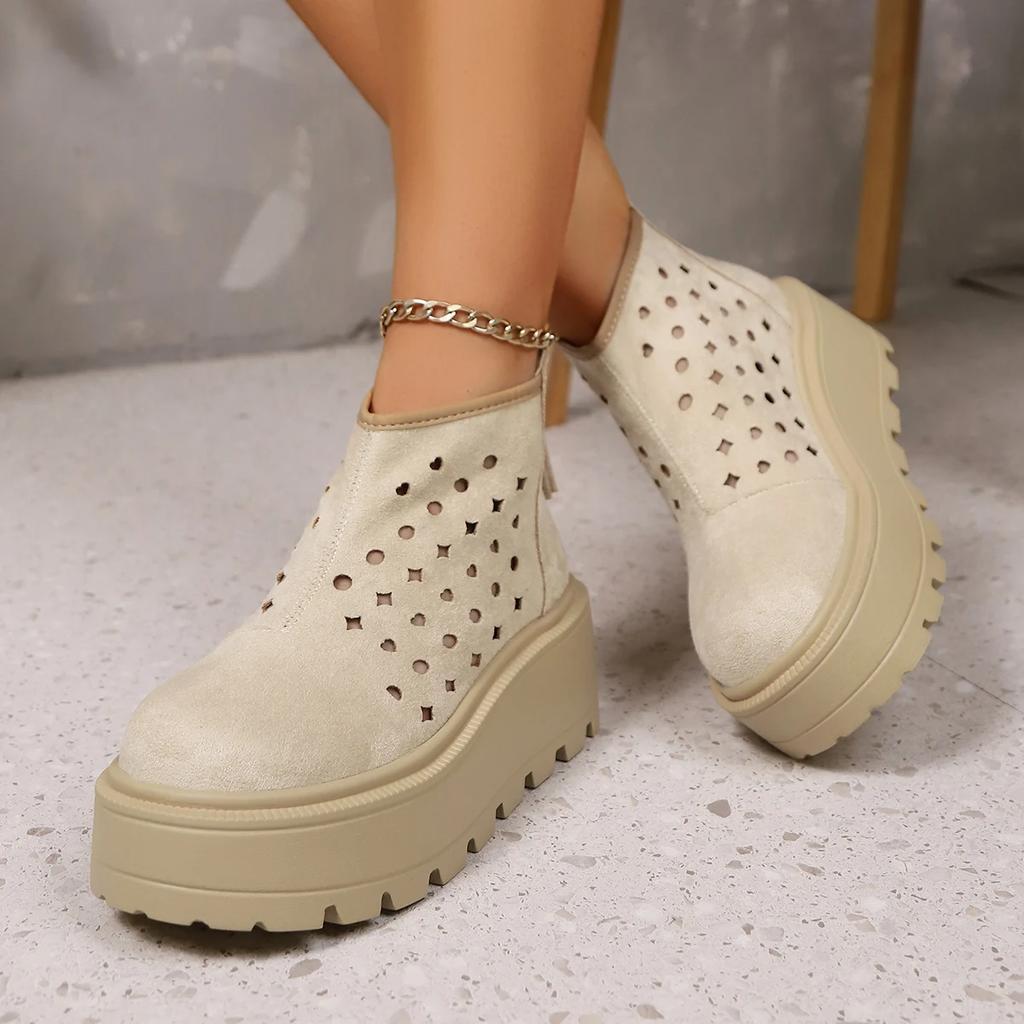 Fashion Summer Women Boots Leather Moccasins Women Platform Flats Women Shoes Ankle Booties Mid Calf Boots Females ZIP Pumps Shoes