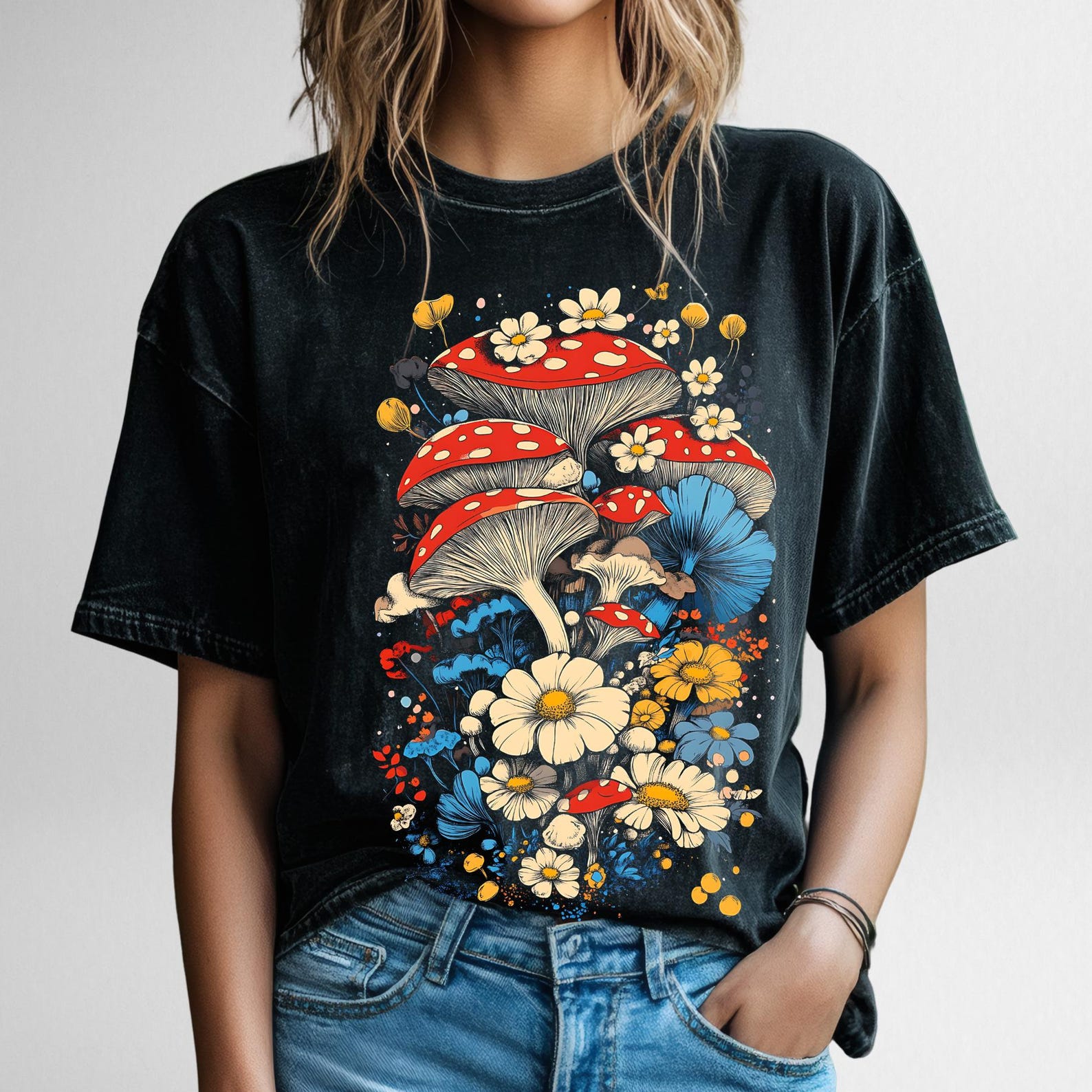 PREMIUM Mushroom Core Streetwear Oversize Acid Washed Unisex T-Shirt, Fungi Ecology Shirt, Mycelium, Forest Lover, High Quality Streetwear, 4XL