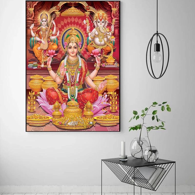 Indian Elephant God Paints Gold Ganesha Temple Poster On Canvas Modern