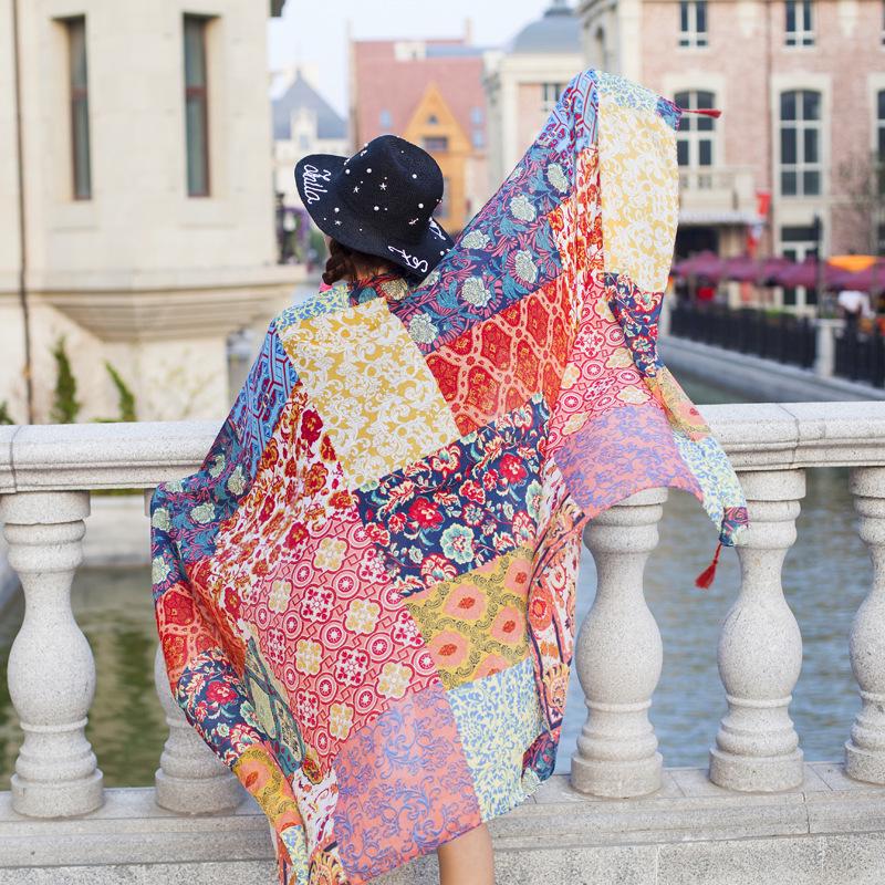 "Summer Ethnic Style Cotton-Linen Shawl: Handmade Retro Button Sunscreen Beach Cover-Up"