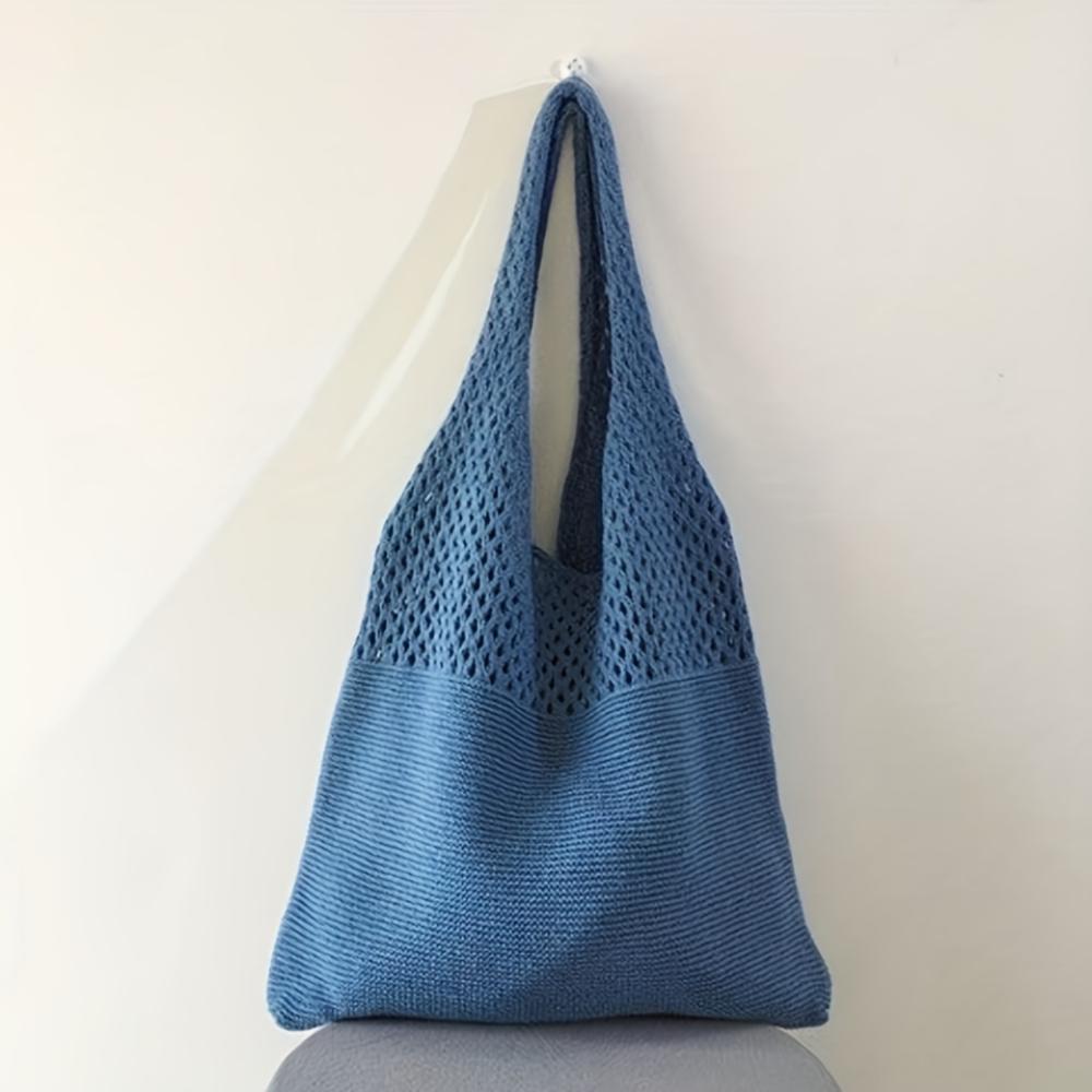 Minimalist Retro Hollow Knitting Bag For Women, Woven Yarn Shoulder Tote Bag, Large Capacity Breathable Shopping Handbag For Daily Outdoor Use
