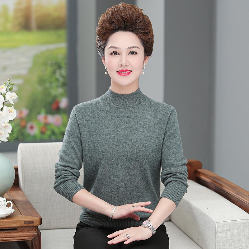 Women's 100% Pure Wool Sweater - Thick, Half High Neck for Middle-aged & Elderly, Autumn/Winter