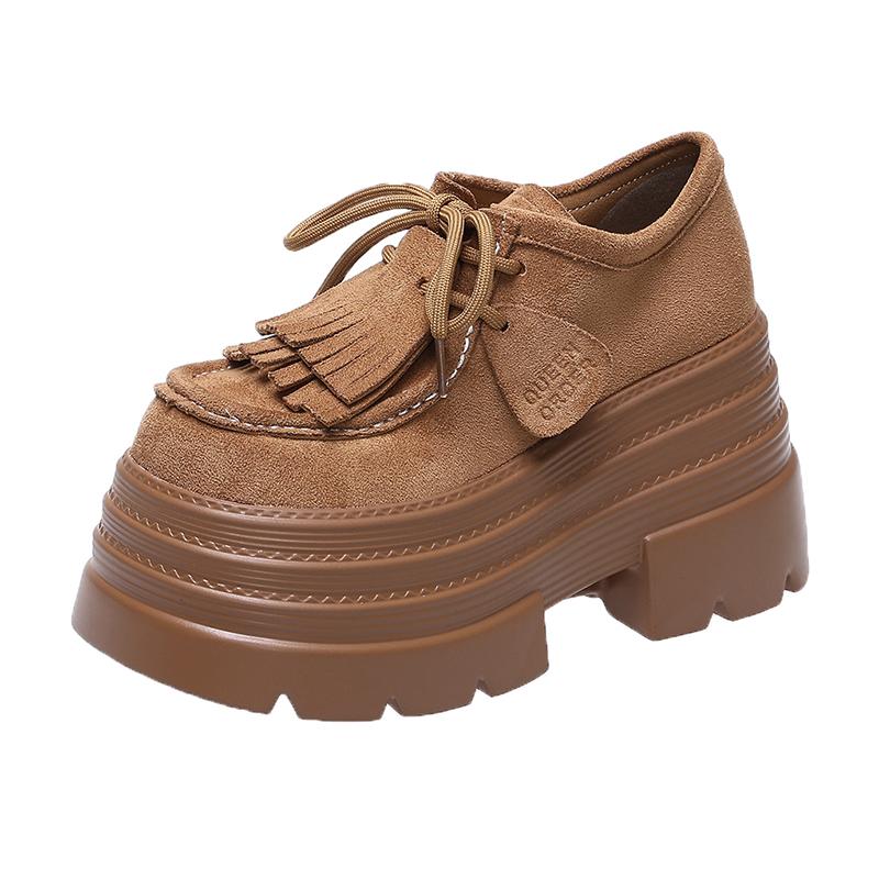 Fashion 10CM Women‘s Casual Loafers Suede Leather Pumps Tassel Design Monk Shoes Autumn Slip-On High Heels Comfortable Chunky Sneakers