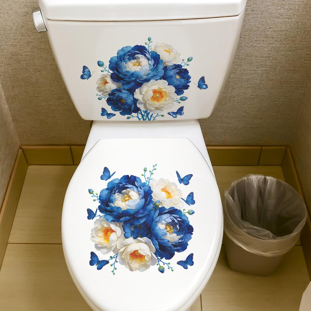 Painted Peony Flower and Butterfly Bathroom and Toilet Decoration Beautifying Wall Stickers