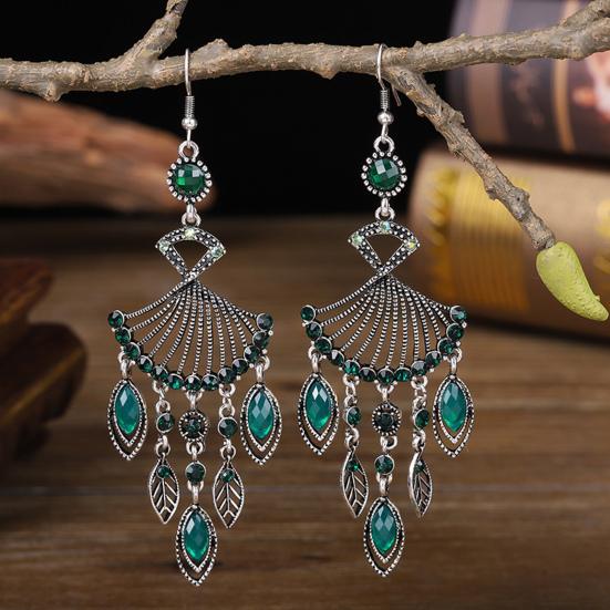 1 Pair Dangle Earrings Bohemian Retro Ethnic Style Long Tassel All-match Decoration Faux Crystal Women Hollow Fan-shaped Drop Earrings