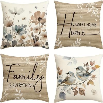 Home Decoration Pillowcase, Plant Flower Bird SWEET HOME Pattern Design, Soft and Comfortable, Sofa and Chair Cushion Cover