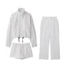 Conjunto de Moda para Mujer Europeo y Americano de Gasa con Lunares, Chaqueta de Manga Abullonada + Minishorts + Pantalones de Campana