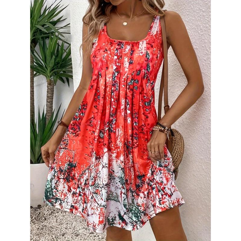 Dámská móda Léto Jaro Barevný blokový potisk Bez rukávů Čtvercový výstřih Volný pas Ležérní šaty