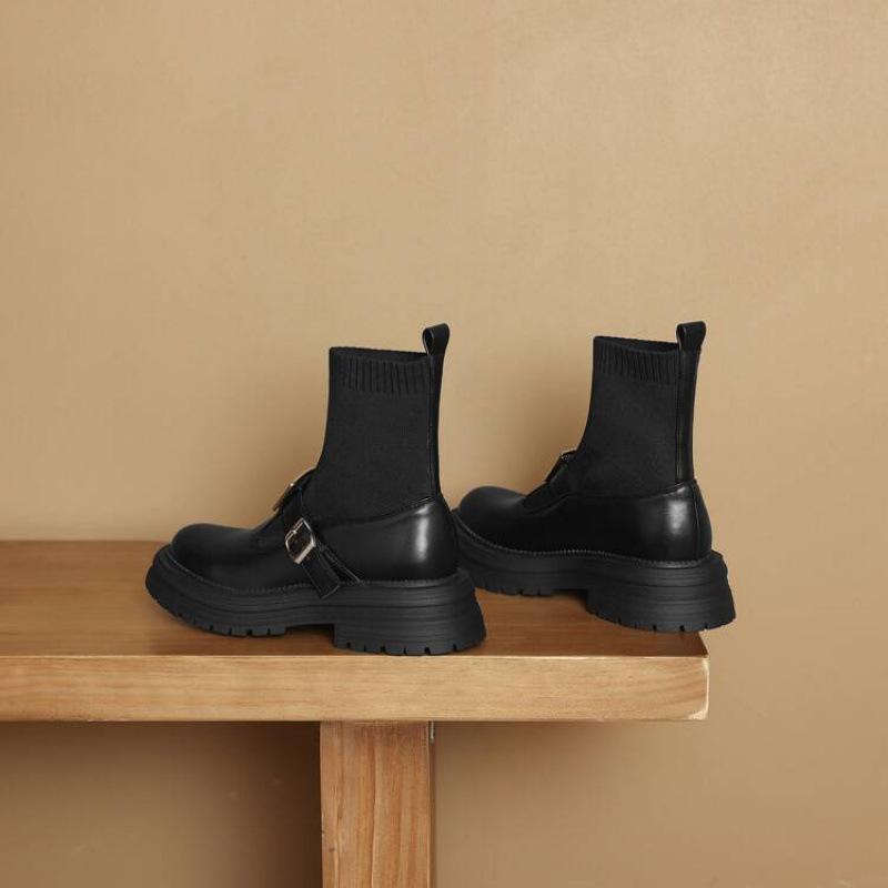 

Осенне-зимние женские ботинки-рыцари на среднем каблуке и толстой подошве, женские удобные ботинки-чулки средней высоты, кожаные женские ботинки, корейская версия, большие 39