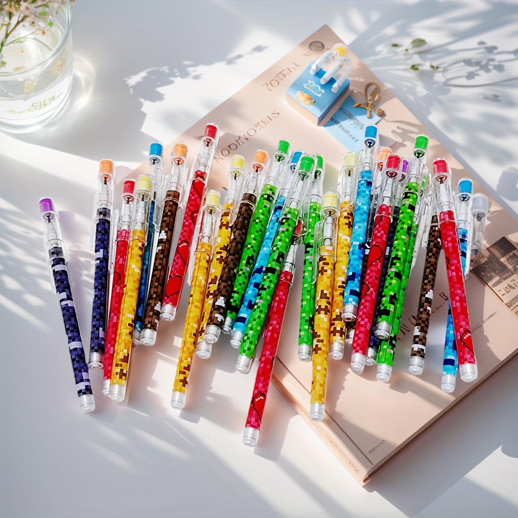 6 Unsharpened Mosaic Pencils: 9-section Break-resistant Barrel + Colorful Pixel Grip - Retractable Ink Tip, Smooth Writing