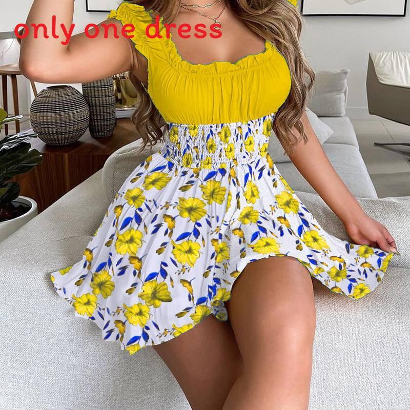 Urban Style Sleeveless Polyester Collage Womens Summer Dress With Pleated Skirt For Casual Wear