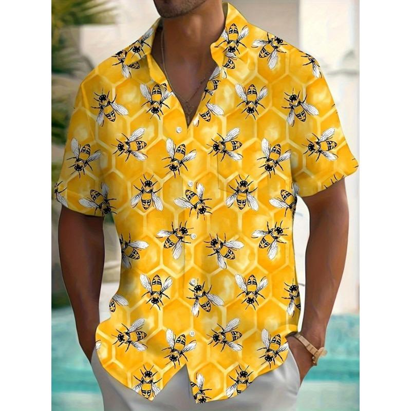 

Retro Hawaiian Bee Print Shirt for Men Vacation Casual Short Sleeve Funny Shirts Streetwear Fashion Honey Insect Bee Blouse S