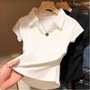 Damski T-shirt Slim Fit z Białym Kołnierzykiem Polo i Krótkim Rękawem - 2025 Wzór Casualowy
