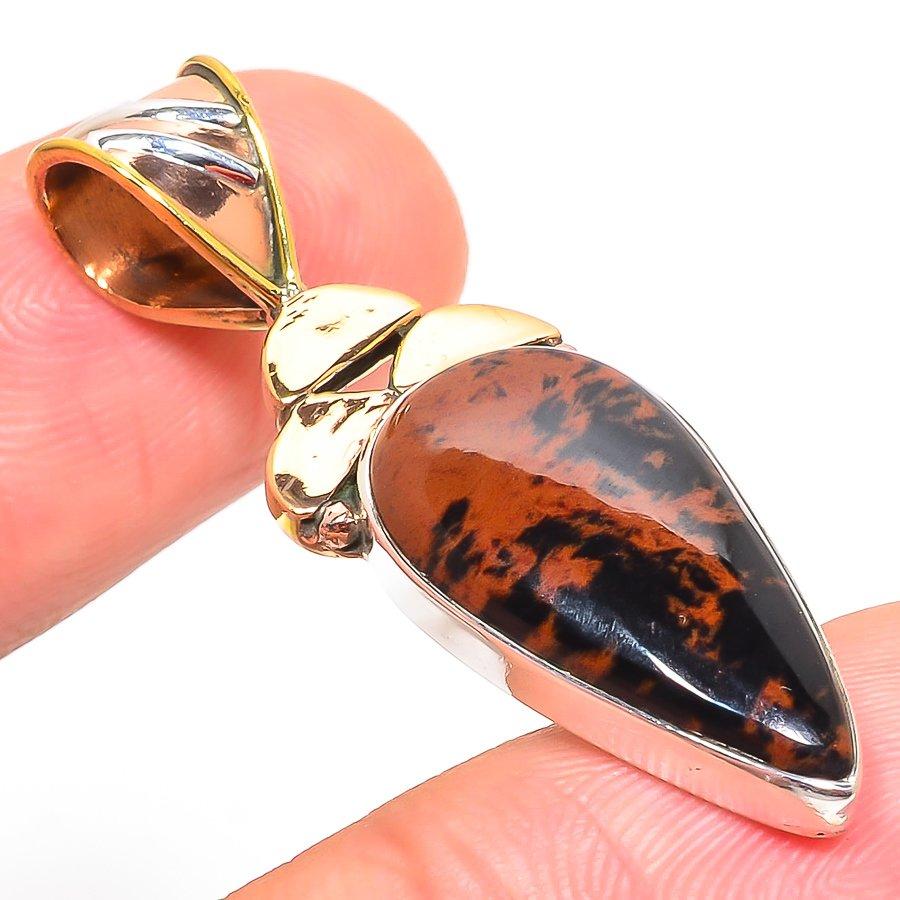 Natural Mahogany Obsidian Two Tone 925 Solid Sterling Silver Pendant 1.75" K9b52