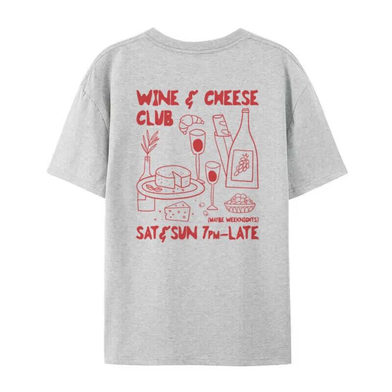 Retro Style Wine Cheese Club Graphic Tees Unisex Cute Funny Food Lover T Shirt Loose Vintage Streetwear Tshirt Unisex Fashion Top