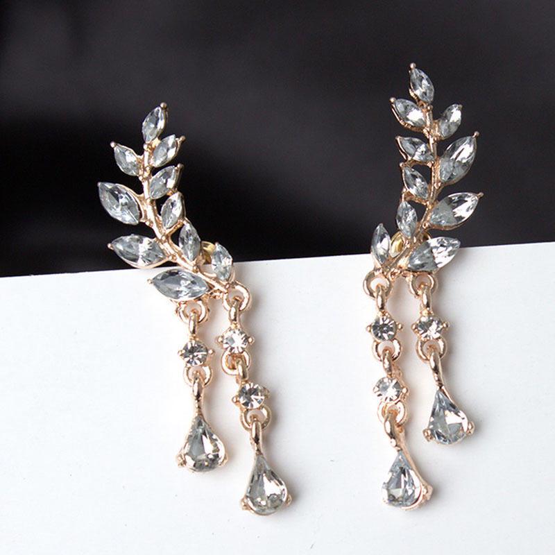 Crystal Women Zircon Leaves Tassel Drop Dangle Earrings