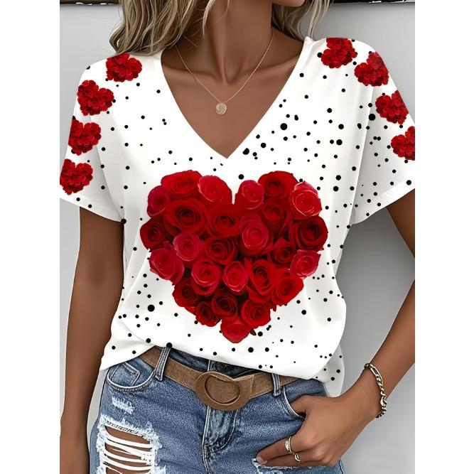 Summer V-neck 3D Flower Themed Pattern Printed Top Fashionable Casual Short Sleeved Women's T-shirts