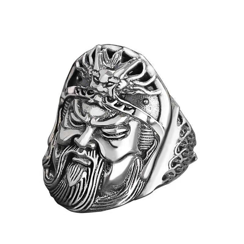 Adjustable Open Ring Men Women Plated Guan Yu Warrior Design Vintage Style Statement Jewelry Gift