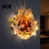 Religious Home Accents Pre-Lit Nativity Wreath, Battery Powered Lighted Hanging Wreath with Burlap Retro Style Holiday Gift Bow And Star for Christmas