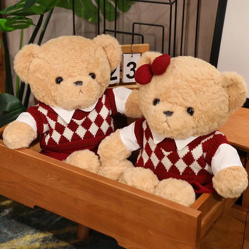 Couple Studant Bears Plush Toys Graduation Present Cartoon Bear Wear Plaid Sweater Soft Doll Kawaii Toy Brinquedos