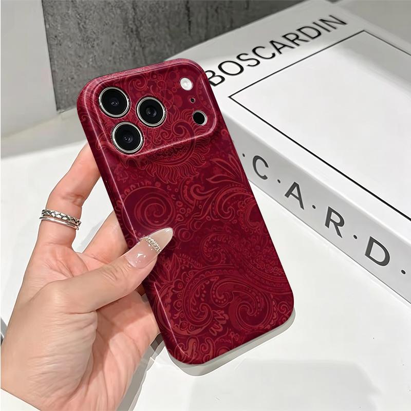 Luxurious Red Paisley Intricate Swirl Pattern Art Graphic Film Aesthetic Protective Shockproof Bumper Phone Case Cover For iPhone 14 15 16 ProMax Plus