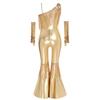 Girls Sequined One Shoulder Jumpsuit Sleeveless Disco Dance Costume High Waist Flared Design Tassel Details Gloves Included