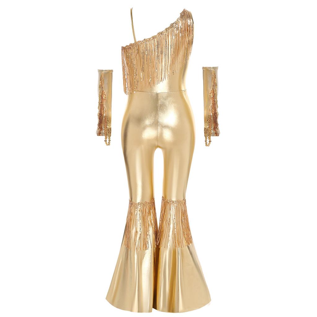 Girls Sequined One Shoulder Jumpsuit Sleeveless Disco Dance Costume High Waist Flared Design Tassel Details Gloves Included