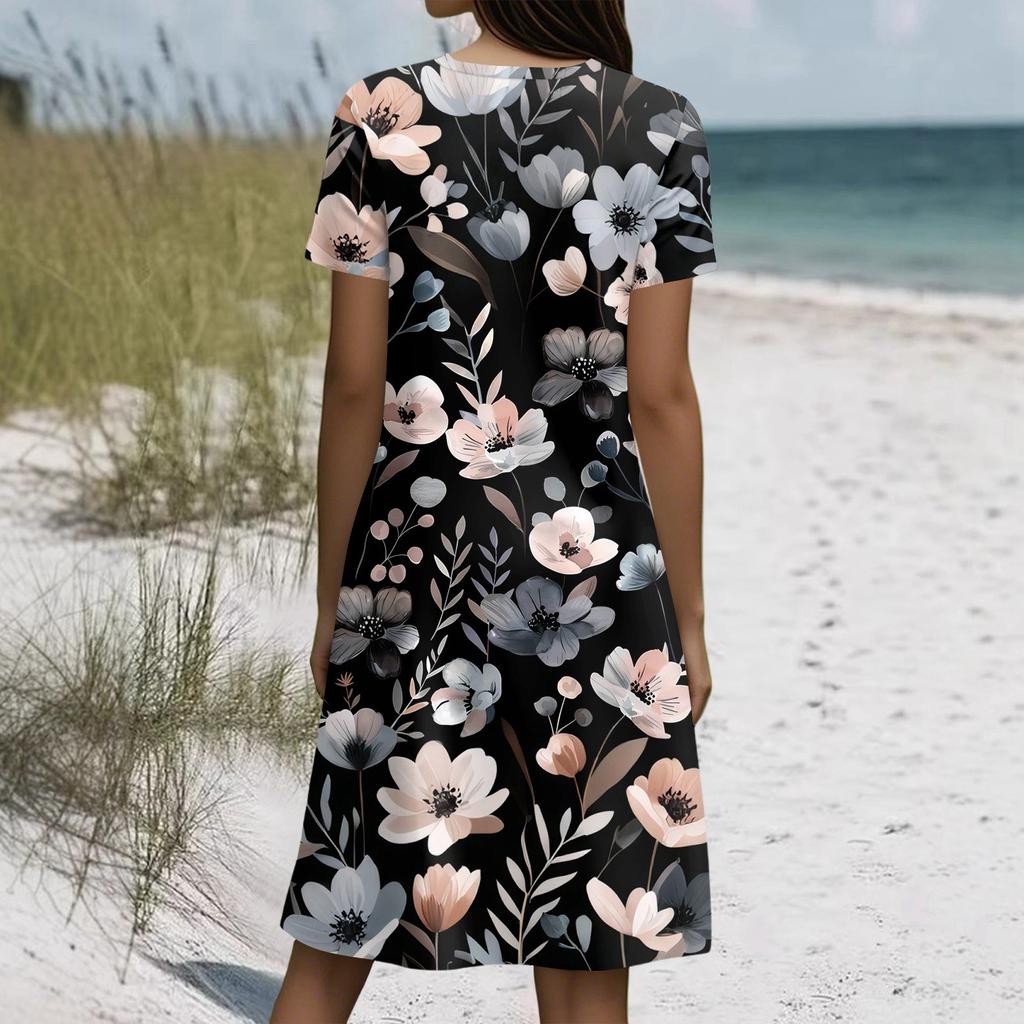Short Sleeve Boho Dress For Women Casual Loose Fit Sundress Print Round Neck Dress With Pockets
