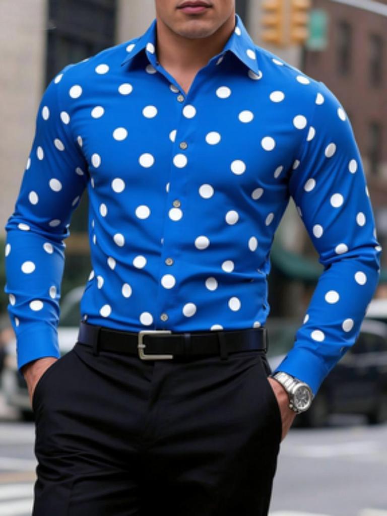 Men's Polka Dot Shirt Casual, Breathable, Comfortable, Fashionable and Trendy Men's Long Sleeved Shirt, Lapel Shirt