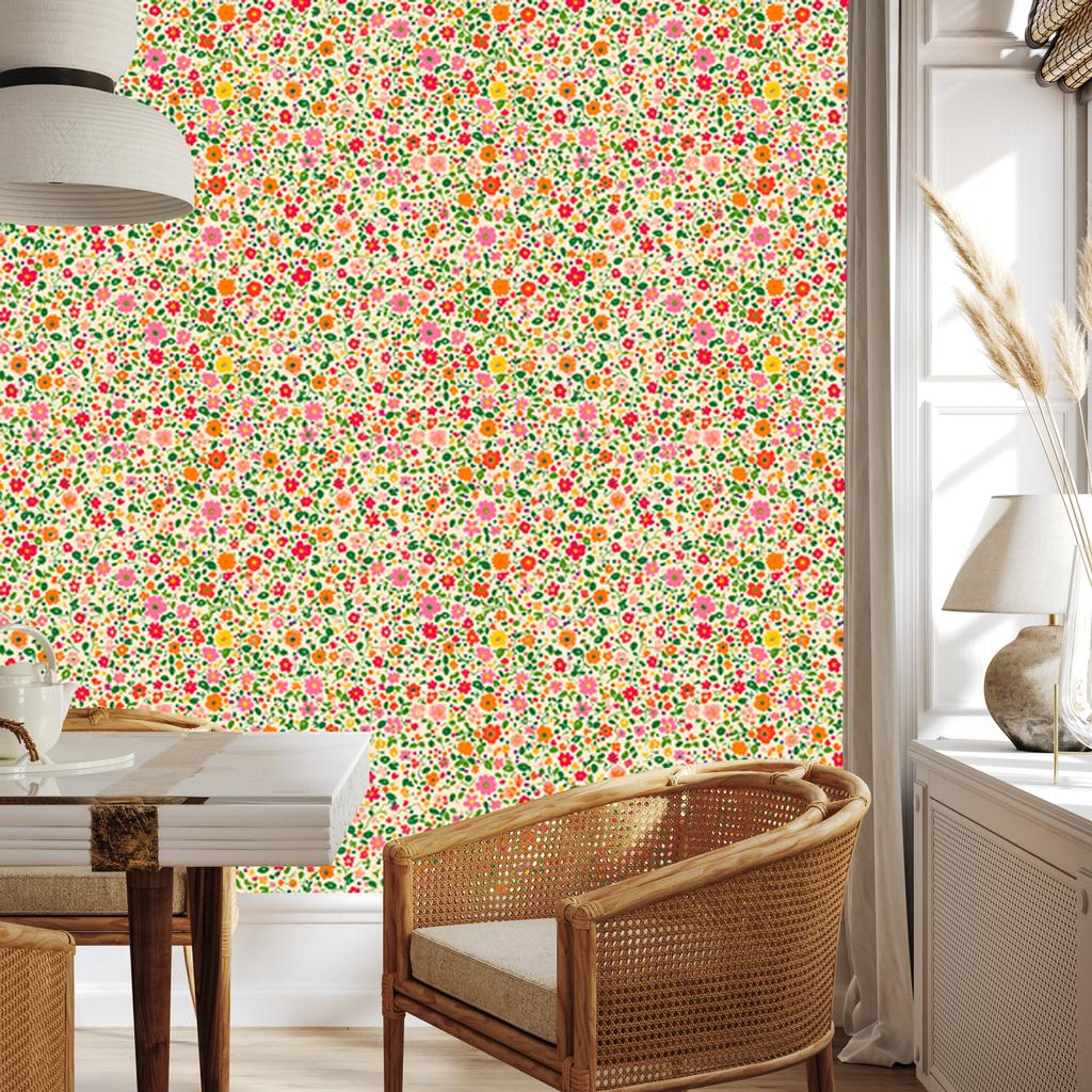 Wallpaper Small Flowers Cream, Beige, Lime and Peach 50x1000