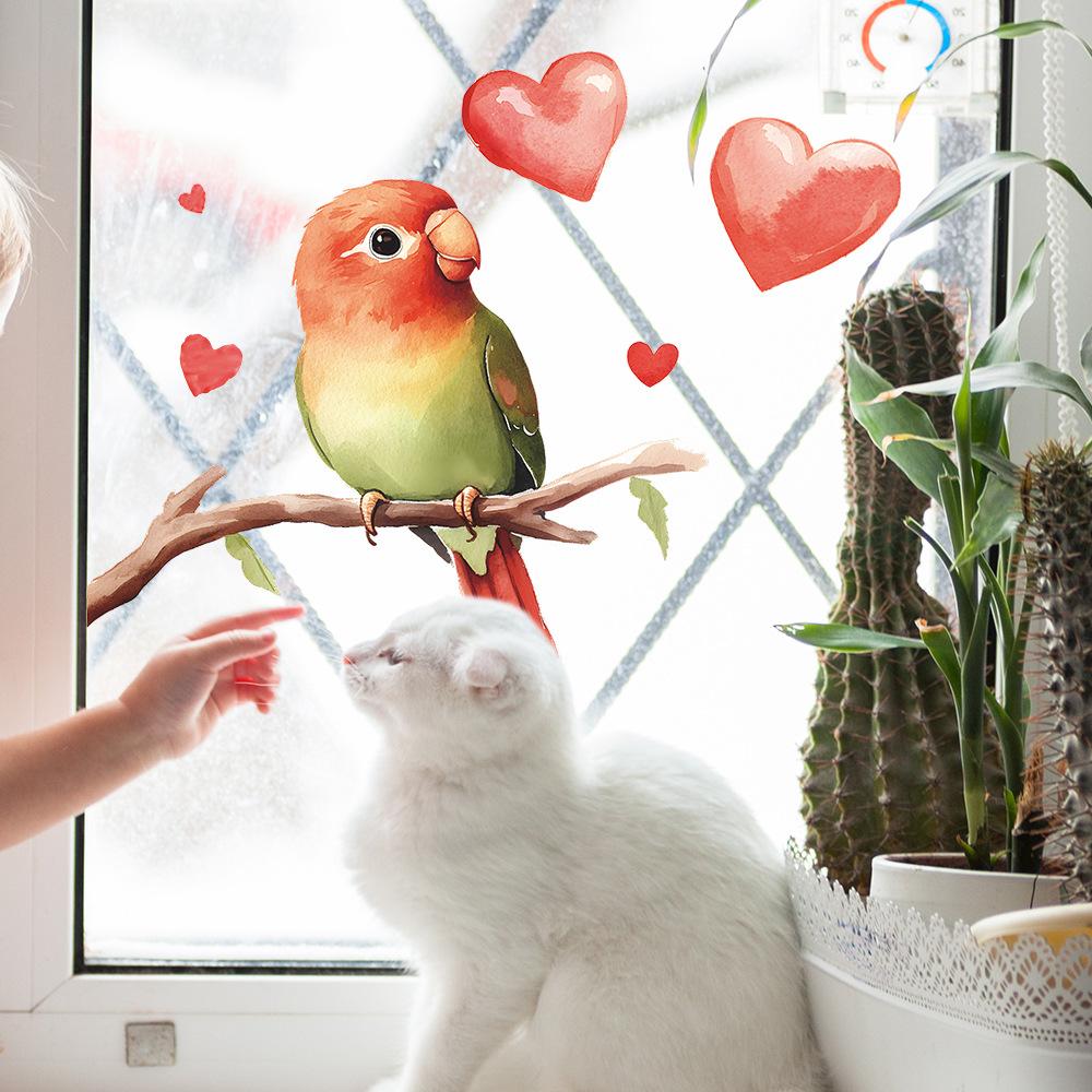 Cute Parrot Heart Window Sticker Glass Window Home Decoration Self-Adhesive Removable