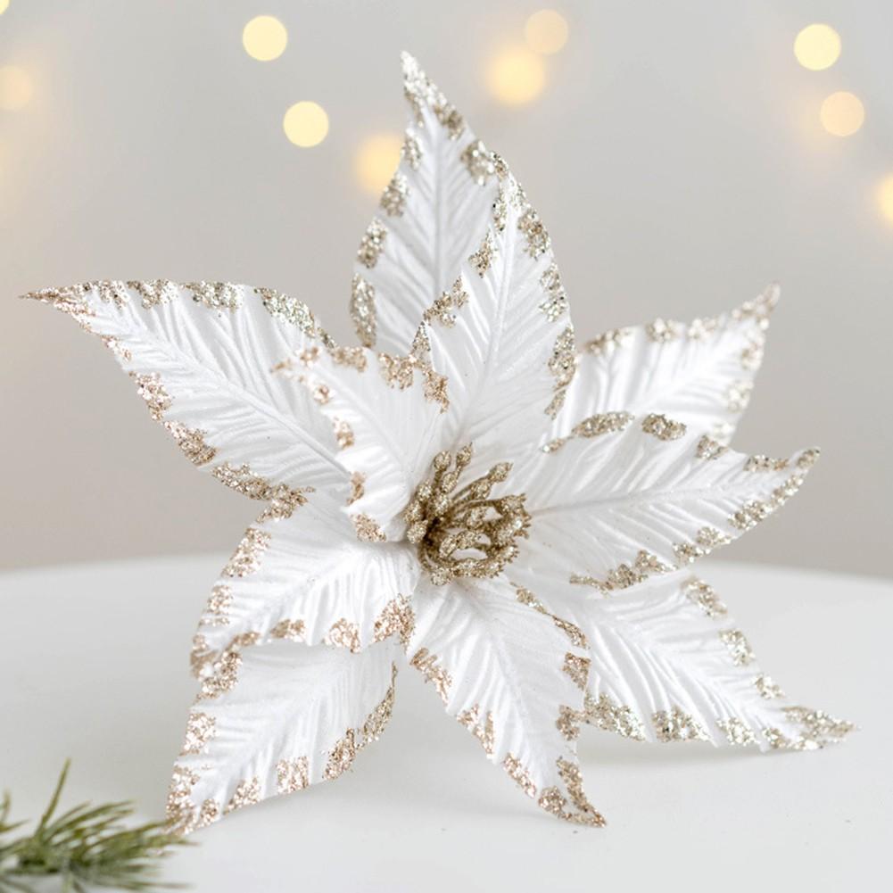Christmas Flower 25cm Decor Glitter Hanging Plastic