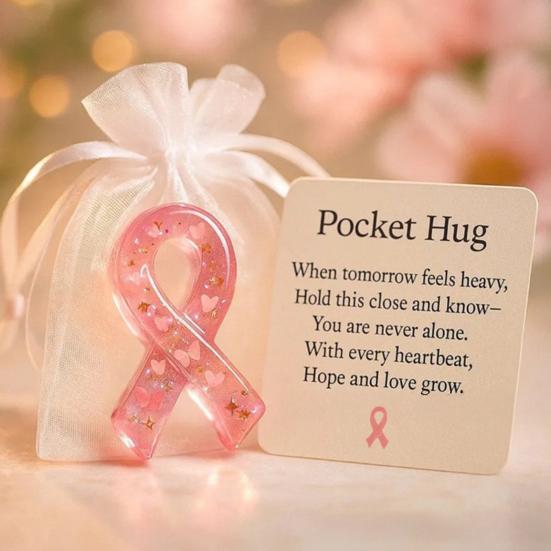 Pink Pocket Hug Token Breast Cancer Awareness Keepsake Transparent Prayer Token with Pink Ribbon Emotional Support Gift for Loved Ones