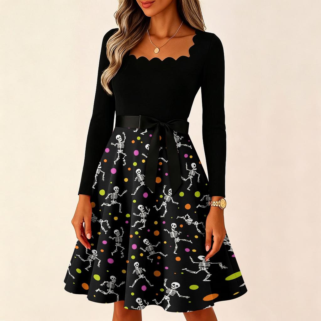 Women's Vintage Long Sleeve Square Neck Dress Halloween Skeleton Print Party Dress Retro Style Full Skirt with Waist Tie Belt