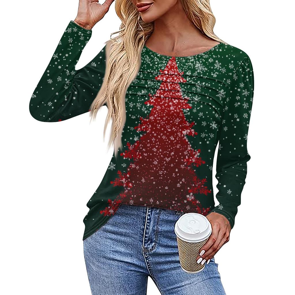 Ladies' Casual Fashion Printed Round Neck Long Pleated T-shirt Top Christmas