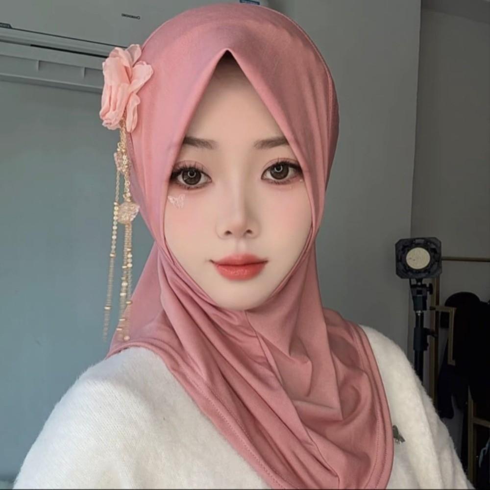 Flower Rhinestone Chiffon Head Wraps Solid Color Headbands Women Fashion Long Hijab розовый